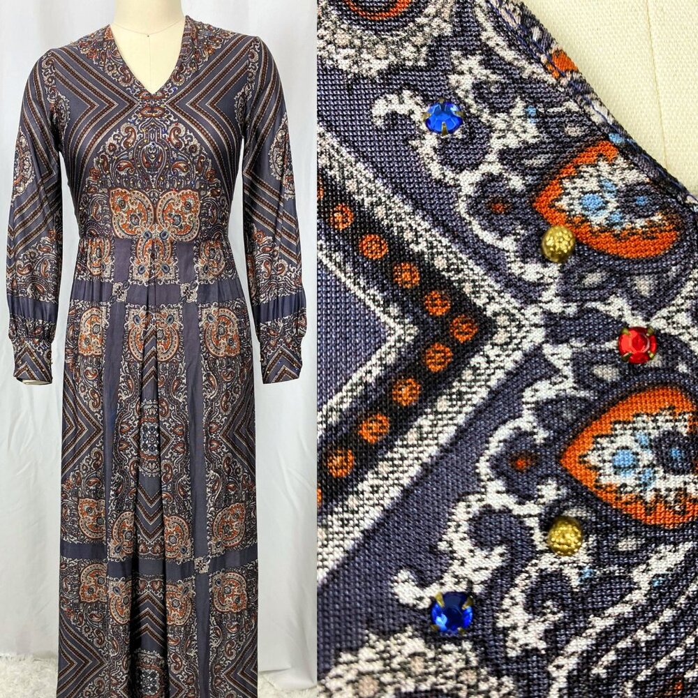 Vintage Bernie Bee hostess maxi dress paisley studded rhinestone small medium